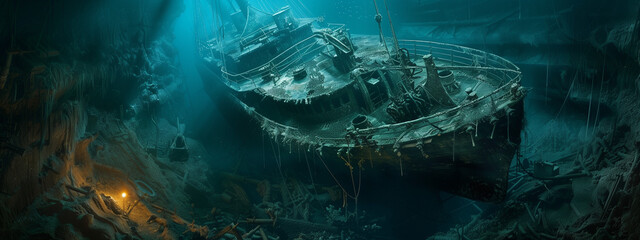 Captured Sunken Ship in Underwater Landscape with Marine Growth - obrazy, fototapety, plakaty
