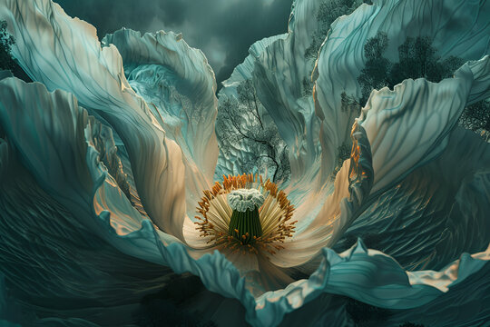 A single, large flower petal unfurling to reveal a detailed scene depicting a psychoanalytic interpretation of a dream