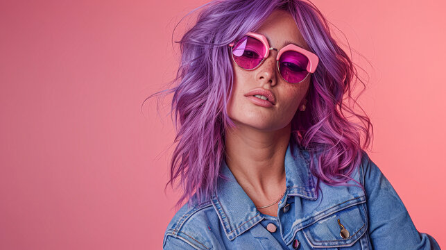 A woman with purple hair and pink sunglasses is wearing a blue denim jacket. She is standing in front of a pink background