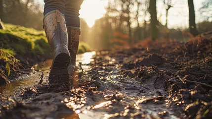 Foto auf Acrylglas A person is walking through a muddy field with their boots in the water. The scene is peaceful and serene, with the sun shining down on the wet ground © Kowit