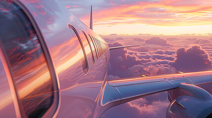 A silver airplane with the letters C and D on the side is flying through a cloudy sky. The sky is a beautiful mix of pink and orange hues, creating a serene and peaceful atmosphere