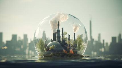Environmental Impact of Industrialization. Concept in Glass sphere. Earth protection day or environmental. Industrial pollution on aquatic ecosystems