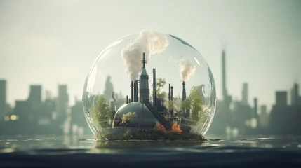 Cercles muraux Kaki Environmental Impact of Industrialization. Concept in Glass sphere. Earth protection day or environmental. Industrial pollution on aquatic ecosystems