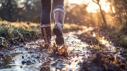 A person is walking through a muddy field with their feet splashing water. The scene has a sense of adventure and playfulness, as the person is enjoying the outdoors despite the muddy conditions - obrazy, fototapety, plakaty