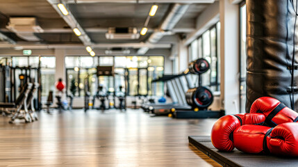 Obraz premium A gym with a boxing bag and two red gloves on the floor. Scene is energetic and active