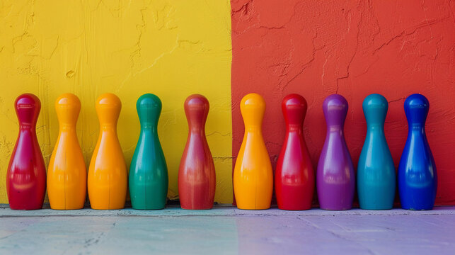 Close-up of multi-colored bottles against yellow-red paint wall background. colorfull bowling pins toy