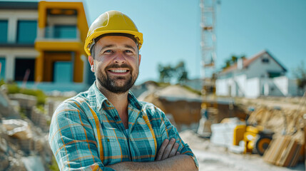 A man wearing a hard hat and a plaid shirt is smiling for the camera. He is standing in front of a construction site