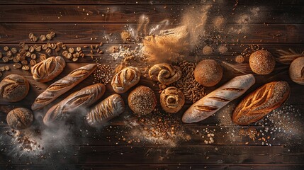 a panoramic spread of various breads, ranging from rustic sourdough to delicate pastries - obrazy, fototapety, plakaty
