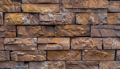 Obraz premium Close-up of a brown brick wall made of rectangular bricks, classic building material made of rock, banner, front view