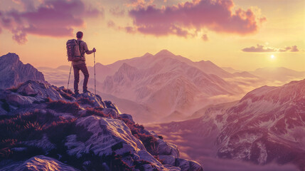 Silhouette of a hiker on mountain top cliff edge at sunset background. Hiking adventure concept