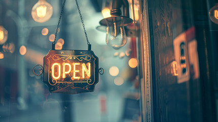 A sign hanging from a window that says "Open". The sign is lit up and has a glowing effect