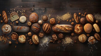 a panoramic spread of various breads, ranging from rustic sourdough to delicate pastries