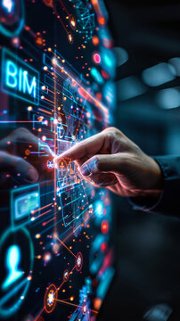 Business professional interacting virtual interface, concept of Building Information Modeling (BIM), applications in construction, architecture, project management through interconnected digital icons