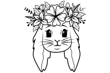 Floral Bunny Outline Illustration, Easter Spring Floral Illustration