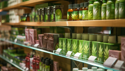 
Cannabis products with the characteristic branding of cannabis leaves on a shelf of dispensary, shop, pharmacy. Medical marijuana and CBD products
