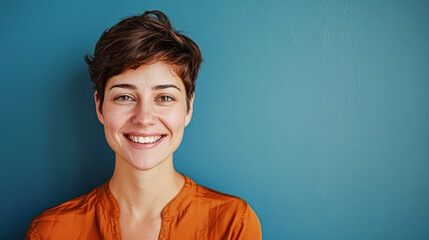 A woman with short brown hair and a bright orange shirt is smiling at the camera. She has a clean, fresh look and seems to be in a good mood