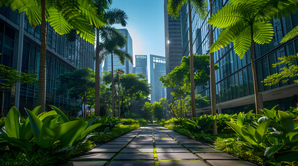 A walkway in a park leads towards a city skyline with skyscrapers.