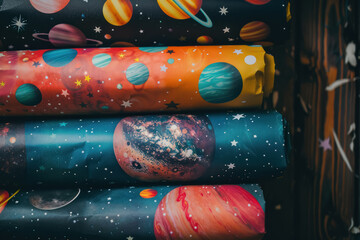 cosmic themed wrapping paper rolls with vibrant planet illustrations