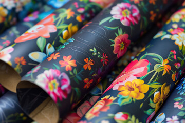 vivid floral print wrapping paper rolls with dark elegant background