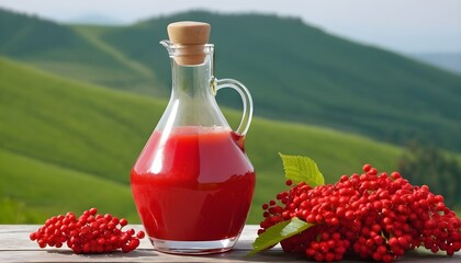 freshly squeezed thick natural juice with pulp of ripe red viburnum on a green hills background