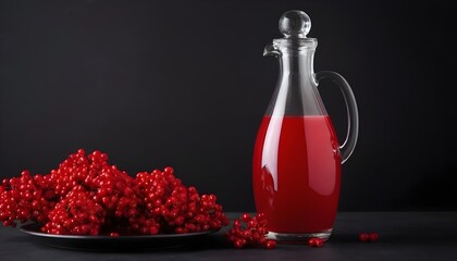 freshly squeezed thick natural juice with pulp of ripe red viburnum on a black background - obrazy, fototapety, plakaty