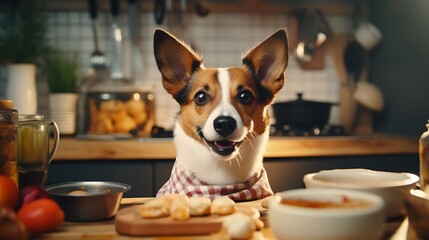 Cute welsh corgi dog having breakfast in the kitchen. - obrazy, fototapety, plakaty