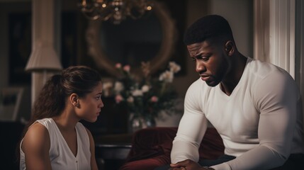 Illustrate the emotional turmoil of a frustrated young couple, deeply engrossed in an argument and experiencing marriage problems.  - obrazy, fototapety, plakaty