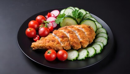 fried chicken fillet with fresh cucumbers, tomatoes and radishes in a plate on black background