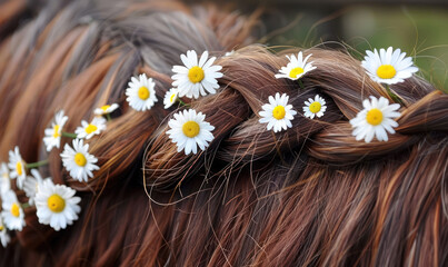 detailed close up of brown hair with woven daisies on a natural background - obrazy, fototapety, plakaty