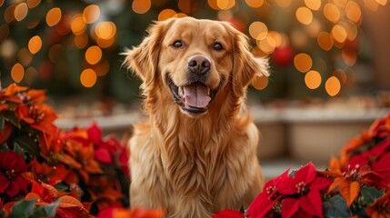 A dog is sitting in a red flower bed