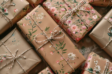 vintage floral patterned gift wrapping with natural twine on kraft paper