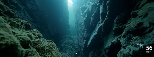 Deep Sea Diving in Oceanic Chasm with Distant Light - obrazy, fototapety, plakaty
