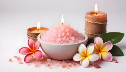 Obraz na płótnie Canvas Pink salt spa set, fragrant potpourri candle and frangipani flower