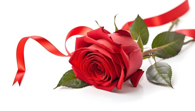 Red rose with red ribbon isolated on white background