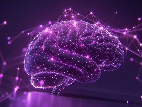 Purple High-Tech Digital brain with Low Poly Wireframe on violet Background. 3D Render with Polygon Mesh. with glowing connected lines.