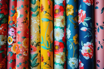 colorful collection of floral patterned wrapping paper on display - obrazy, fototapety, plakaty