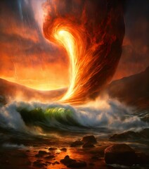 a fireball is rising over a wave and a man is watching the sunset - obrazy, fototapety, plakaty