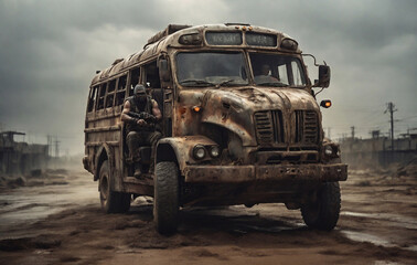 Fototapeta premium A bus driver in a post-apocalyptic world, driving a makeshift armored bus through a desolate wasteland, with a fierce determination to protect their passengers from the dangers of the new world