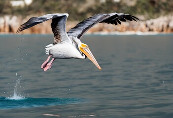 Fototapeta na wymiar A Pelican in flight over the water