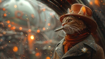 A realistic depiction of a cat in mafia regalia cigar between its teeth - obrazy, fototapety, plakaty