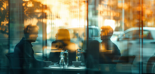 office dynamics captured through glass with warm tones and urban reflections