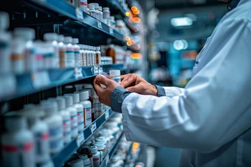 Fotobehang Close up of a pharmacist hand stacking medication in a row at the pharmacy © Hamza