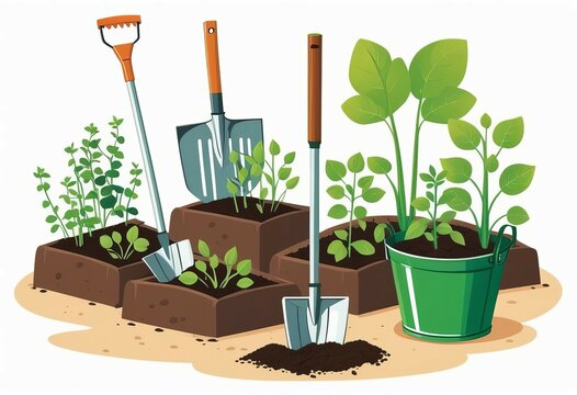 garden tools and plants in green pots clip art preview