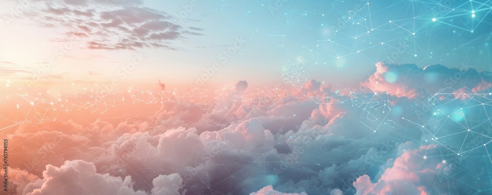 Poster a colorful sky with clouds and a network of lines