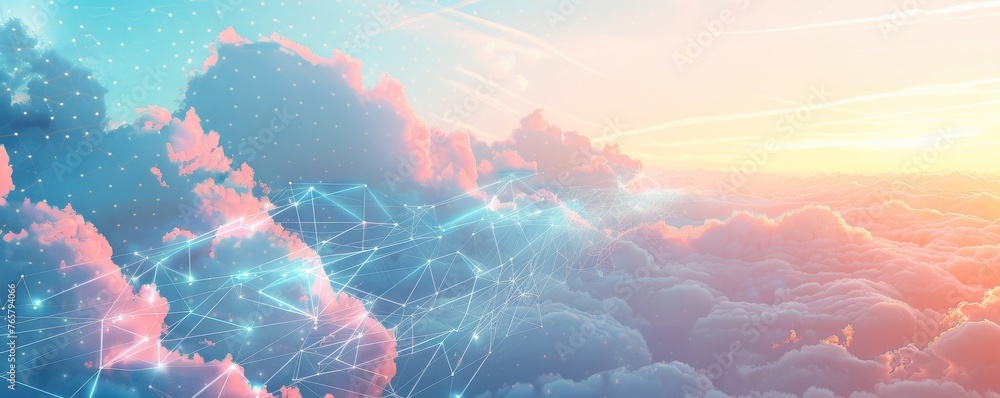 Poster a colorful sky with clouds and a network of lines