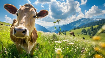 cow in the meadow looking in the camera - obrazy, fototapety, plakaty
