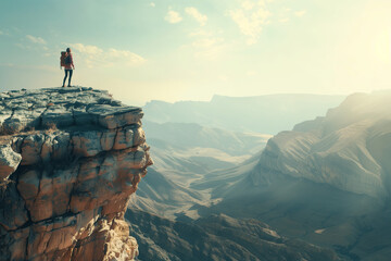 Fearless Explorer: Standing on Edge of Rugged Cliff in Adventure