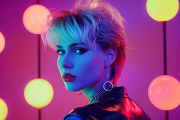 80s style portrait of a woman with colorful neon lighting