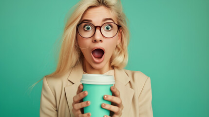 Close up photo beautiful funky she her lady open mouth amazed hands arms telephone vacation traveler hot beverage paper container reader wear specs formal-wear suit on Cyan color background.
