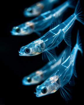 A group of Pacific viperfish ascending in unison towards the nighttime surface creating a ghostly procession in the deep sea